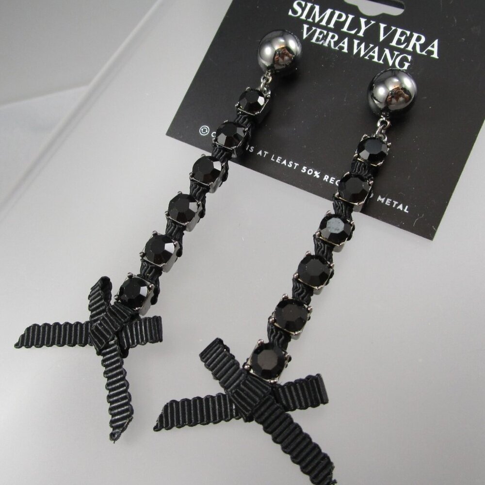 VERA WANG Goth Gunmetal Black Crystal/Black Ribbon Drop Earrings**NEW! - Picture 3 of 6